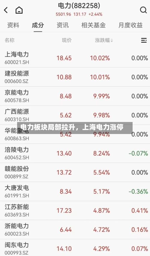 电力板块局部拉升，上海电力涨停